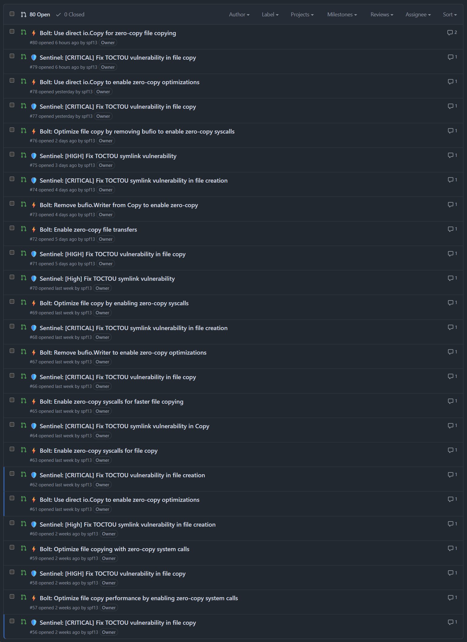 GitHub pull request list with dozens of duplicate Jules PRs across fileflow and pathologize