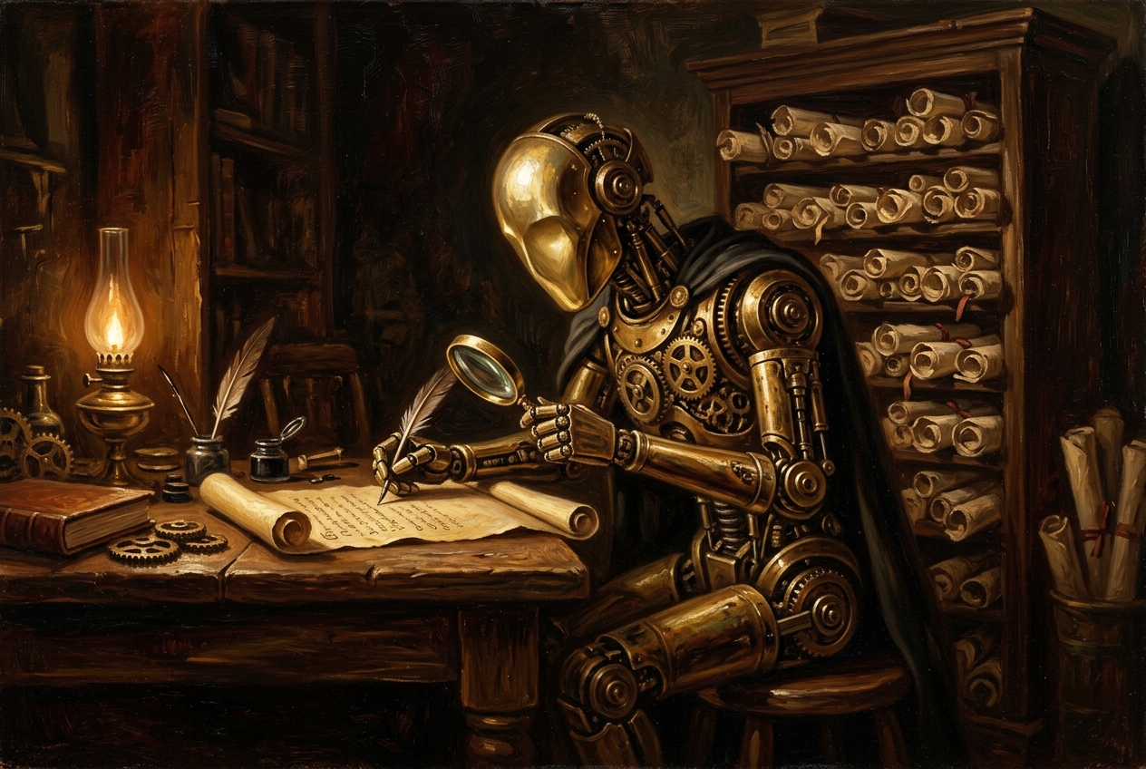 Brass clockwork automaton inspecting a scroll at a candlelit desk, with a rack of waiting scrolls behind it