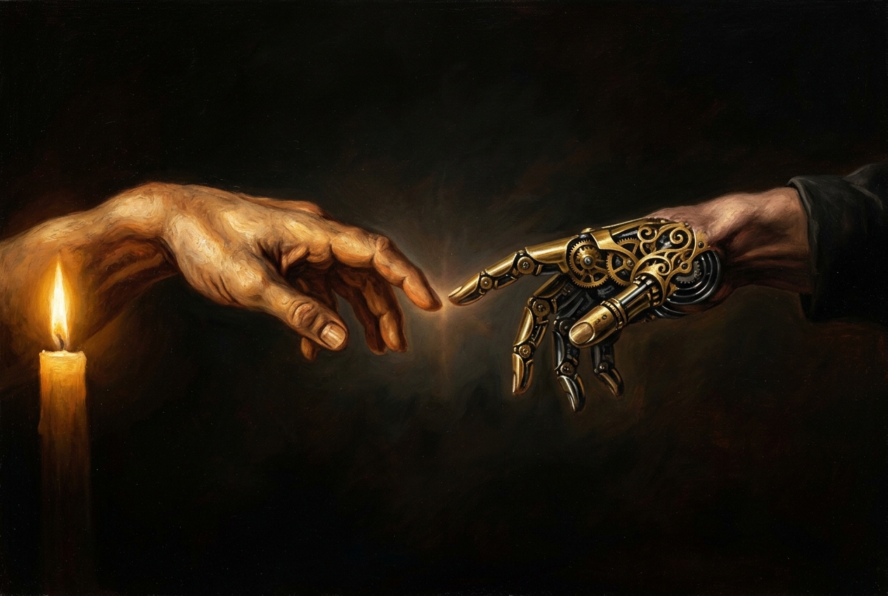 Human and brass clockwork hands reaching toward each other in darkness, with a faint glow between them