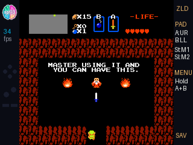 The Legend of Zelda running on the GitHub Universe 2026 Badge, captured from the live /state/nes_zelda.state save state, showing Link leaving the cave, firing sword beams, dropping a bomb, and the gamepad visualizer in the left sidebar